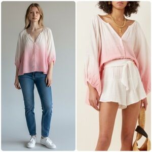 ANAAK Sz Medium Nira Cotton Gauze Oversized Peasant Blouse Pink Ombré Boho